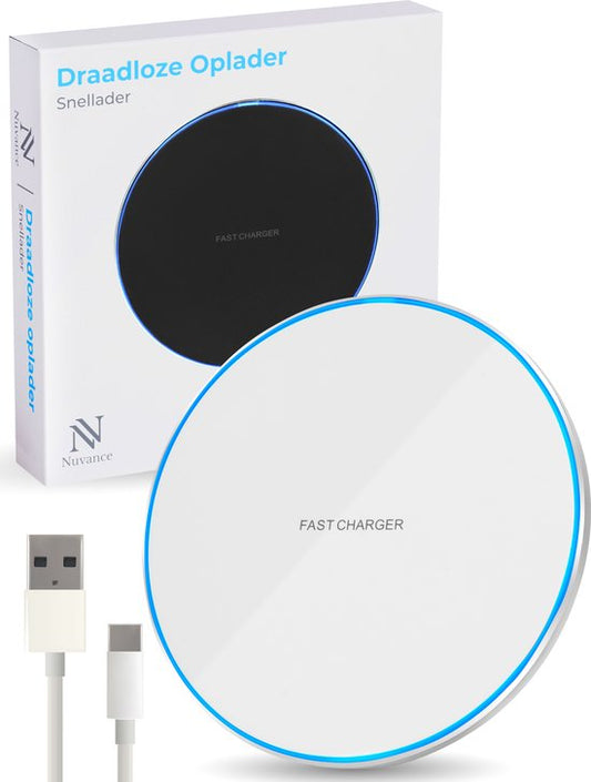 Nuvance - Chargeur sans fil 15W - Câble inclus - Chargeur sans fil - Chargeur rapide - Convient à tous les Smartphones Qi - Blanc et Argent