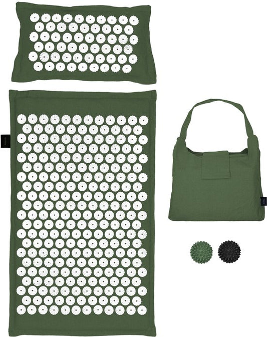 LifeGoods Acupressure Mat Eco - avec coussin - Shakti mat - Nail Mat Incl. 2x Trigger Point Ball and Carrying Bag - 72x43x2cm - Green/White