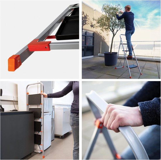 Escabeau Toolland Stepix, 4 marches, pliable, échelle de maison avec poignée haute, pieds antidérapants et marche antidérapante sur les deux marches, revêtement époxy, métal, capacité de charge jusqu'à 150 kg