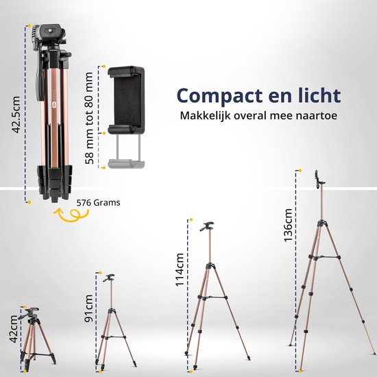 Studio ME Phone Tripod - 136 cm - Tripod Smartphone - Rose Gold - Camera Tripod - Phone Holder - Incl. Bluetooth Remote Control - Tripod Phone
