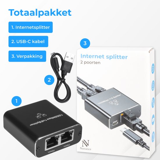 Nuvance - Répartiteur Internet - 2 Ports - Commutateur réseau - jusqu'à 1000Mbps - Répartiteur réseau - RJ45, Cat5, Cat6, LAN, UTP, Répartiteur Ethernet - Noir