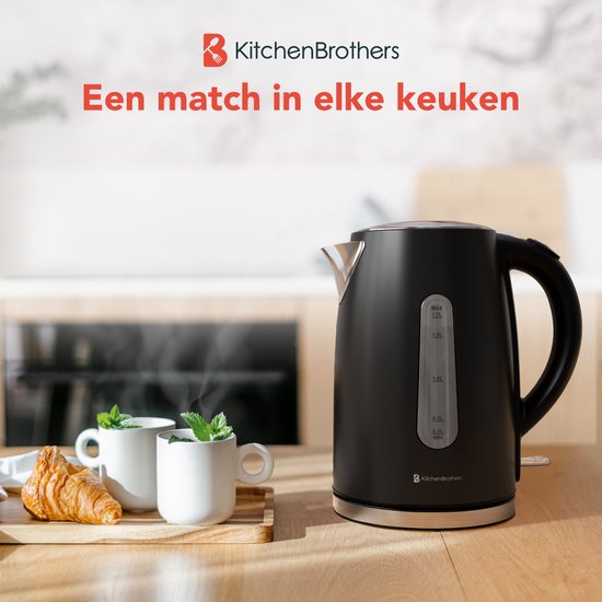 KitchenBrothers Bouilloire - Électrique - 1,7L - 2200W - acier inoxydable Bouilloire - Noir