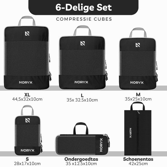 Noryx Packing Cubes 6-Piece Set - With Compression Zips - Suitcase & Backpack Organiser Set - Travel Compression - Luggage Organisers - Compression Clothing Cube