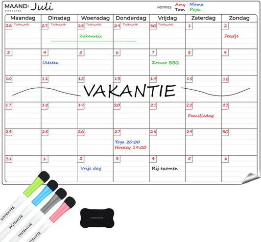 Systemyze Month Planner Whiteboard - Tableau magnétique de planification - Planificateur hebdomadaire magnétique - Incluant marqueurs et gomme - Format A3