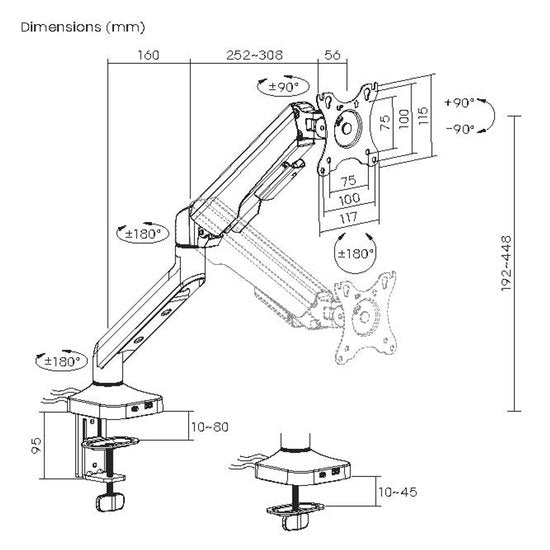 VDD Gaming - Bras de moniteur - Bras de moniteur - Support de moniteur - Hauteur réglable - Pour 1 écran - Design ergonomique - Noir