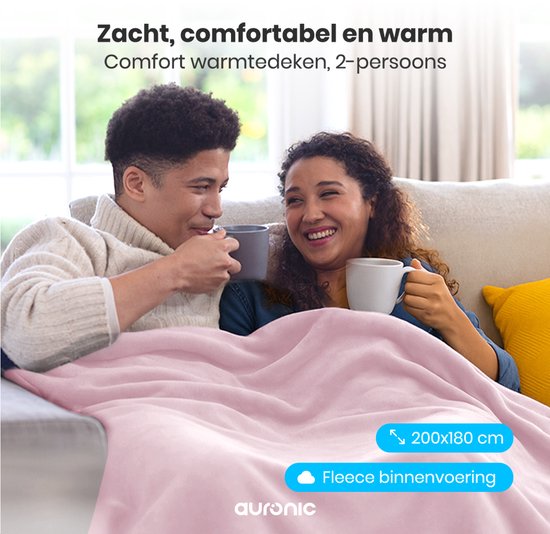 Couverture électrique Auronic - 200x180cm - Couverture chauffante - 2 personnes - 3 niveaux de chaleur - Couverture - Avec minuterie - Couverture chauffante - Rose