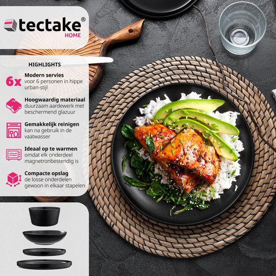 tectake® Service de table Una - 24 pièces - Faïence 6 personnes - Elégant, durable et idéal pour un usage quotidien ou des occasions festives - Grandes et petites assiettes, bols/plats - noir mat