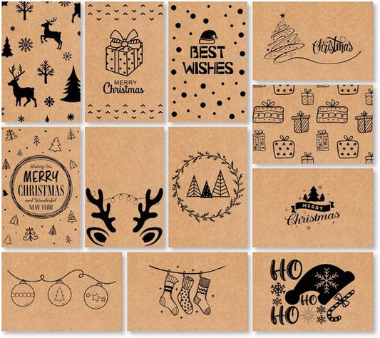 Giftmas Christmas Collection - Set de cartes de vœux et de cartes de Noël - 36 cartes de vœux avec 12 motifs - Enveloppes et autocollants inclus - Set de cartes en papier kraft pour les fêtes - 20x15cm