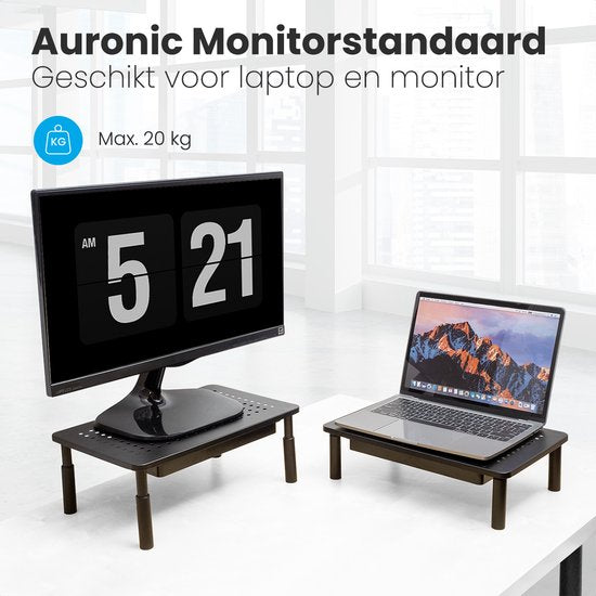 Auronic Support de moniteur - Rehausseur de moniteur - Rehausseur d'écran - 2 pièces - réglable - 37 x 23,5 x 10 cm - métal - noir