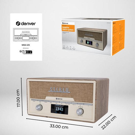 Radio - Denver - Bluetooth - Lecteur CD – Réveil - DAB /FM / AUX - Couleur bois