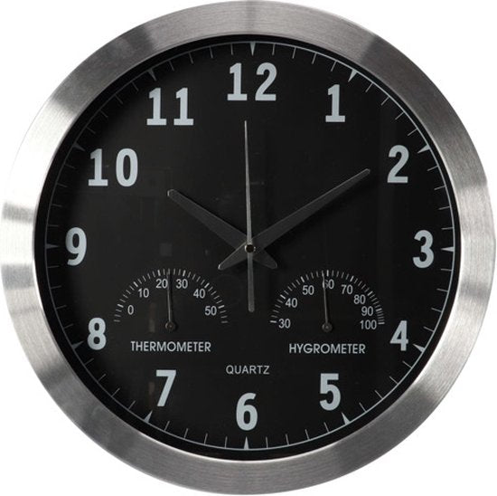 Perel Horloge murale, ronde, analogique, 35,5 cm, affichage de l'heure radio-piloté (DCF), avec thermomètre et hygromètre, aluminium, argent