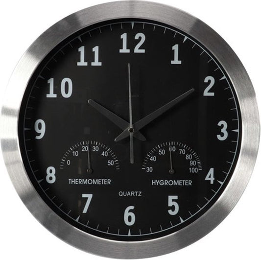Perel Horloge murale, ronde, analogique, 35,5 cm, affichage de l'heure radio-piloté (DCF), avec thermomètre et hygromètre, aluminium, argent