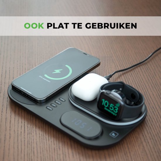 iSetchi Wireless Qi Charger 15 Watt Fast Charger (4-in-1) - Avec adaptateur Quick Charge 3.0, horloge LED et lampe LED - Station de charge Qi