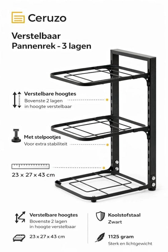 Ceruzo Support réglable pour casseroles et poêles - 3 niveaux - Gain de place - Acier au carbone - 23 x 27 x 43 cm
