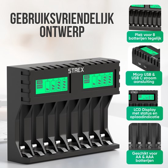Strex Battery Charger - 8x AA/AAA Batteries - USB Rechargeable - Ecran LCD - Chargeur universel pour piles rechargeables