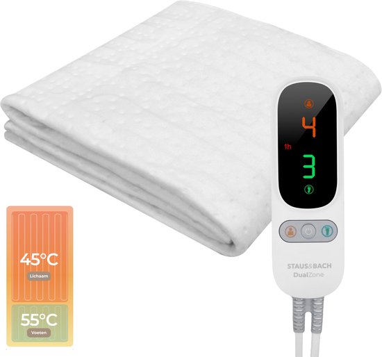 STAUS&BACH Sous-couverture électrique avec chaleur des pieds 190x90 cm - Simple - 6 niveaux de chaleur - Zone séparée pour les pieds - Anti-allergique - Anti-bactérien - Couverture chauffante - Chaleur extra rapide - Lavable - Polaire - DualZone - Blanc