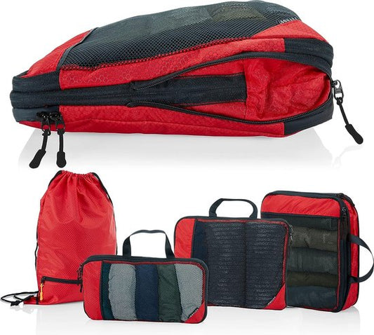 Cubes d'emballage avec compression pour la valise et le sac à dos, sac de transport inclus, rouge