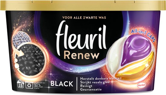 Fleuril Renew Black Caps - Capsules de détergent - 15 lavages - Pour les vêtements noirs et foncés - Formule Triple Renew