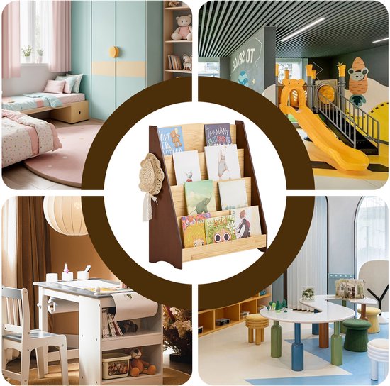 SoBuy KMB32-N Bibliothèque pour enfants, jouets, bibliothèque, 4 niveaux, avec 2 crochets, étagère à livres, meuble de rangement, chambre, bureau, salon, nature, 91 x 30 x 89 cm