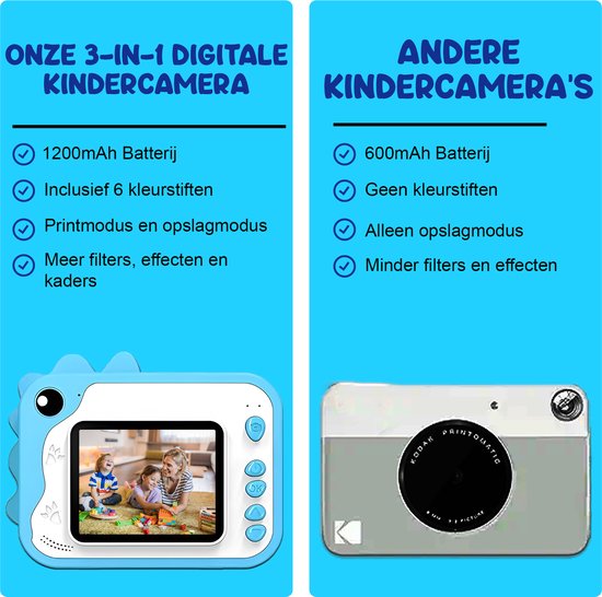 K&L® 3 IN 1 Digital Kids Camera + Instant print + play camera - 32GB micro sd card - camera kids - Vlog camera with games - Photo camera for kids - Small size toy - With video function - Blue