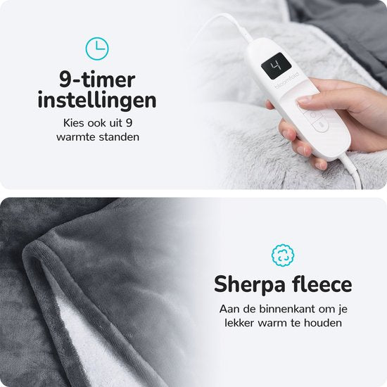 Couverture électrique Bloomfold - 160 x 130 cm - Lavable en machine - 1 personne - 9 niveaux - Avec minuterie - Couverture chauffante - Gris/flanelle