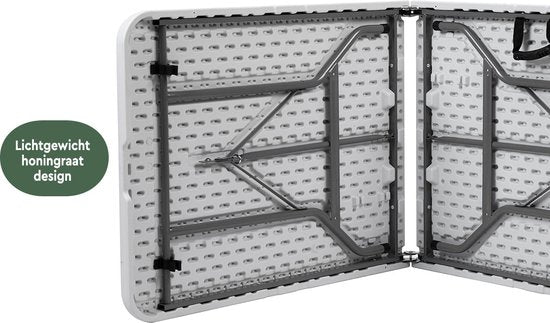 BRASQ Table pliante pliable blanche - 180x70x74cm- Table de camping - Table pliante - Résistante aux intempéries - Table avec poignée de transport