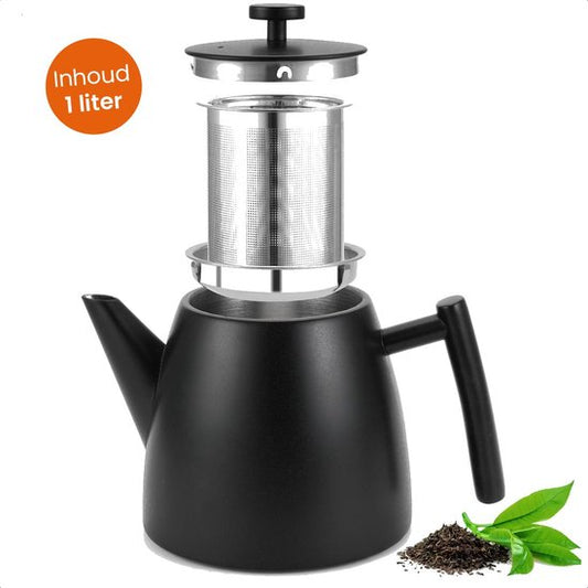 Goliving Théière avec filtre - 1 litre - Théière - Double paroi - Acier inoxydable - Infuseur de thé - Mat - Noir