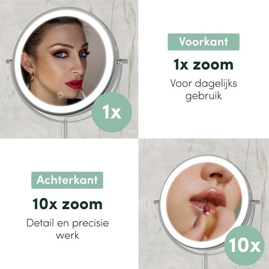 Nolt Miroir de maquillage avec éclairage LED - Miroir grossissant 1X/10X - Miroir de rasage - Lampe de chevet - 3 modes d'éclairage - Rechargeable - Argent
