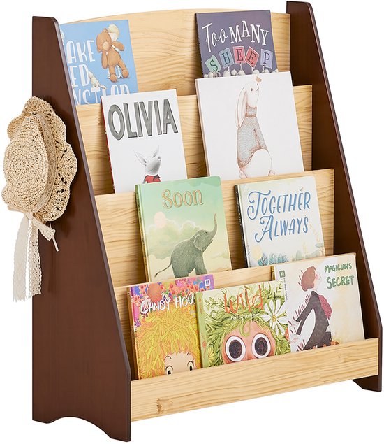 SoBuy KMB32-N Bibliothèque pour enfants, jouets, bibliothèque, 4 niveaux, avec 2 crochets, étagère à livres, meuble de rangement, chambre, bureau, salon, nature, 91 x 30 x 89 cm