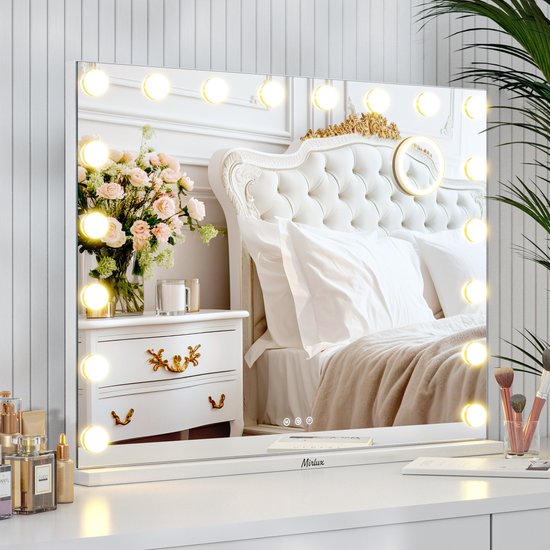 Mirlux Grand miroir hollywoodien 80x60CM - Eclairage LED - Ports de charge USB & USB-C - Maquillage - Blanc
