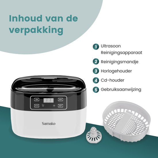 Samako Nettoyeur à Ultrasons Professionnel - Appareil de Nettoyage - Bain à Ultrasons - Lunettes - Bijoux - Montre - Pinceau de Maquillage - 750 ml
