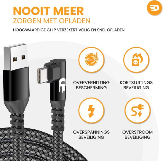 Drivv. Câble USB vers USB C - Crochet - Câble de données et de charge USB C - Charge rapide / Charge rapide - 3 mètres - Convient à Samsung, iPhone 15 et autres -Noir