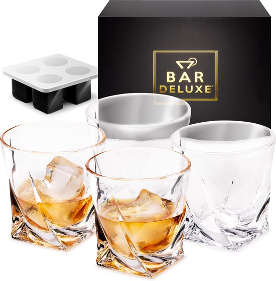 BarDeluxe® Whiskey Set - 4 verres en cristal faits main 325 ml - Coffret de luxe avec moule à glaçons et boîte de rangement - Idéal comme cadeau Whisky