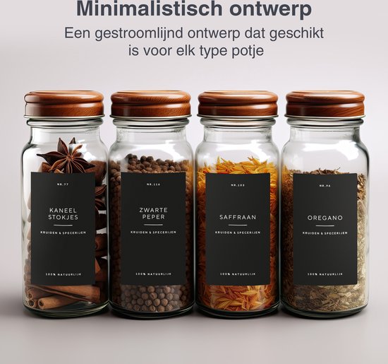 Deleca 180x Etiquettes pour bocaux - Etiquettes rondes et rectangulaires - Etiquettes pour bocaux de stockage et d'épices - Waterproof - Dutch/Black