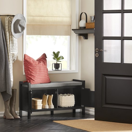 SoBuy Meuble à chaussures - Meuble à chaussures avec rangement et coussin d'assise - 2 portes - Noir