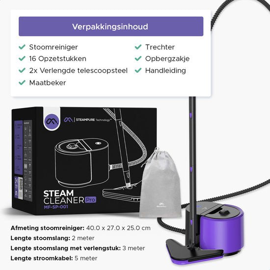 Motionflow Steam Cleaner PRO - Nettoyage en profondeur avec fonction de chauffage - 1500W 1.5L réservoir d'eau - Nettoyeur vapeur à main pour le nettoyage en profondeur des sols, canapés, salles de bain et tapis - Nettoyeur de tapis et de taches - Nettoye