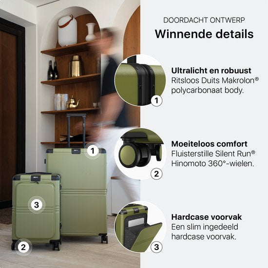 ONYX Hybrid Pro Hand Luggage Suitcase with Front Pocket 38 Litres - Recycled Polycarbonate and Zipperless Design - Travel Suitcase with TSA Lock and Spinner Wheels - Lightweight Trolley with Laptop Compartment - Olive Green (Valise de voyage avec serrure