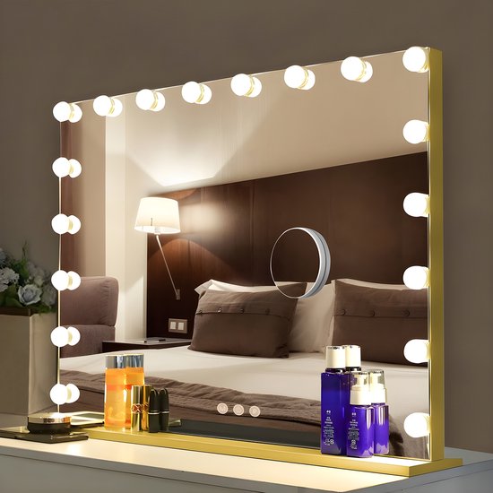 Bayt Hollywood Mirror with Lighting - Make-up Mirror with Lighting - Mirror with Lighting - Hollywood Mirror 80x60 - Dimmable - 10x Magnification - 80x60cm - Gold