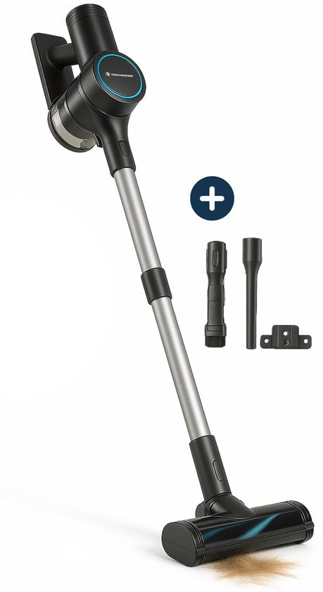 Techweise TV1 Aspirateur à manche sans fil - Autonomie 90 minutes - Extrêmement puissant - Avec 3 accessoires - Dépoussiéreur - Aspirateur sans sac