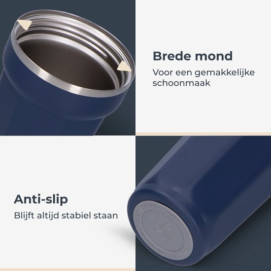 Mug thermos Castagnola - Tasse à café à emporter - Mug de voyage pour le café et le thé - Mug à thé - 380 ML - Acier inoxydable - Bleu foncé - Octogone