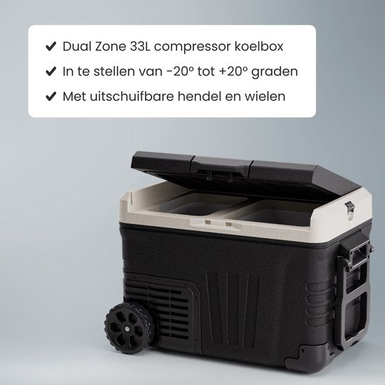 Auronic Electric Cool Box - Compresseur - 2 Zones - 33L - 12/24V et 240V - Réfrigération et congélation - Réfrigérateur de camping - Frigobox Auto - Avec roues et poignée - Noir