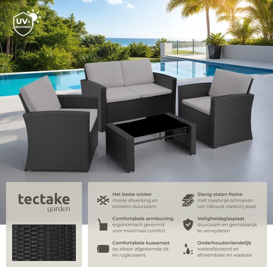 tectake® Ensemble de jardin en osier pour 4 personnes - Banc de jardin 2 places et 2 chaises de jardin - Table avec plateau en verre amovible - Coussins d'assise et de dossier confortables - Ensemble de salon pour jardin, terrasse, balcon - Noir