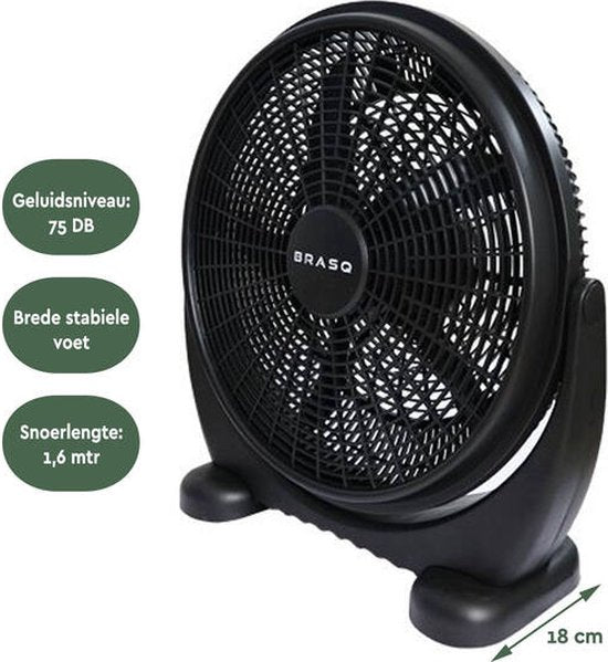 BRASQ Ventilateur de sol - 50 cm - Noir - 3 vitesses - Ventilateur sur pied - Réglable - 90 Watts