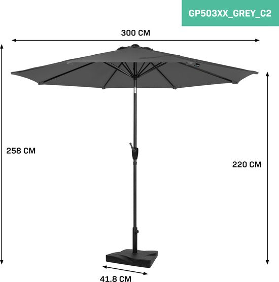 VONROC Premium Parasol à manche Recanati Ø300cm - Base de parasol et housse de protection incluses - Parasol rond - Inclinable - Toile résistante aux UV - Gris