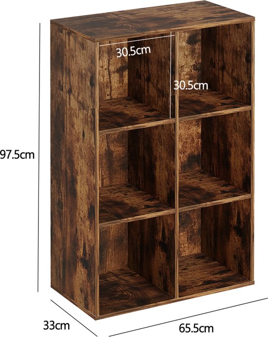 Bibliothèque 6 étagères ouvertes - armoire murale - armoire à compartiments - couleur marron vintage