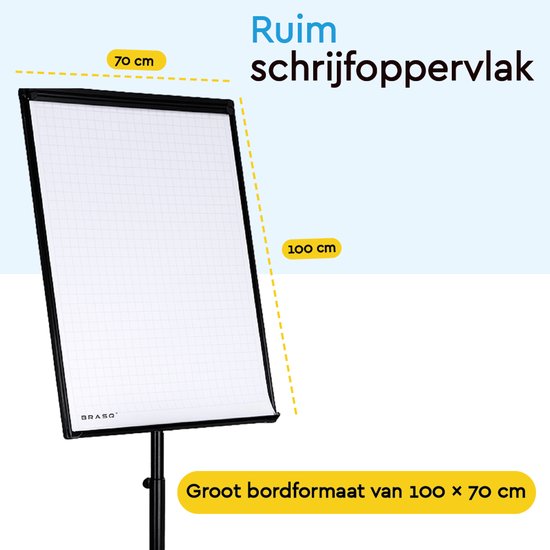 BRASQ Flipchart Mobile Deluxe -70x100 cm - Tableau blanc ajustable - 25 feuilles de papier et accessoires inclus - avec bras extensibles - Tableau magnétique avec crochets - Tableau magnétique - Noir