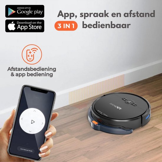 Robot aspirateur 3 en 1 - Sanovy - 1800 PA - Station de charge automatique - Robot balayeur - Contrôle via application ou télécommande