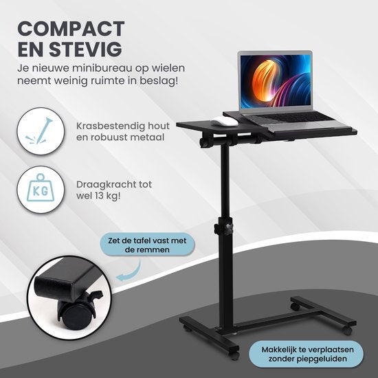 TTD® Premium Side Table on Wheels with Brake - Laptop Table Adjustable - Ergonomic Bed Table on Wheels - 23 kg Carrying Capacity - Laptop Stand - Adjustable Angle and Height - Black - Right