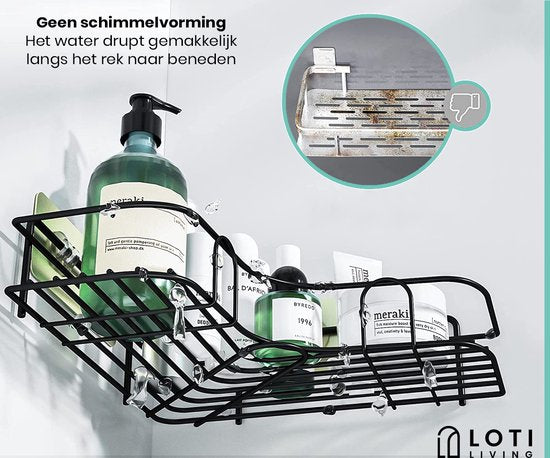 Loti Living Support de douche sans perçage - Forme d'angle - 2 pièces - Support de douche suspendu - Support de douche sans perçage - Support de douche 2 pièces - Support de douche noir - Support de douche sur mur de douche - Bande adhésive