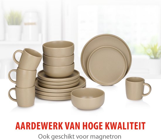Service de vaisselle alpina 16 pièces - Ensemble d'assiettes 4 personnes - Vaisselle en faïence - Assiettes à déjeuner, assiettes à dîner, bols et tasses - Résiste au micro-ondes et au lave-vaisselle - Sable